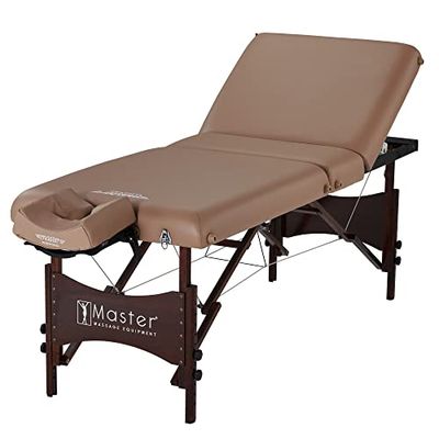 Master Massage 71cm Deauville Pro Mobiele massagestoel, inklapbaar, salontafel, massagebed met traploos verstelbare rugleuning, beauty-bank, houten poten, draagtas, pakket lichtbruin