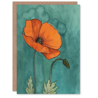 Artery8 Greeting Card Poppy Flower Bloom Teal Orange Floral Watercolour Blank For Him Or Her Art Birthday Card