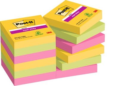 Post-it Super Sticky Notes, Pack of 12 Pads, 90 Sheets per Pad, 47.6 mm x 47.6 mm, Yellow, Blue, Green, Pink, Orange Colors - Extra Sticky Notes For Note Taking & To Do Lists