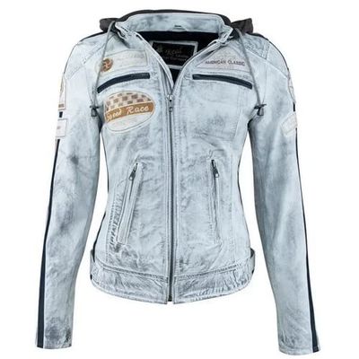 URBAN 5884 Casaco de motocicleta mulher de couro 58 LADIES', casaco de couro de mulher, blusão de pele de cordeiro, armadura removível para as costas, ombros e cotovelos aprovada CE, vintage cinzento
