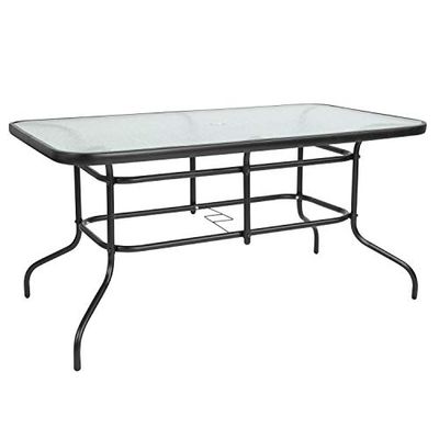 Flash Furniture Tory - Mesa Rectangular de Cristal Templado para Patio de 31.5 x 55 Pulgadas con Agujero para Paraguas, Moderna Mesa de Comedor de Vidrio Ondulado para Exteriores, Color Negro