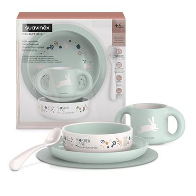 Suavinex, Kinderserviesset, baby etensset met placemat antislip + bord + schaal + beker + lepel. Vaatwasmachinebestendig, magnetronbestendig. Voor baby's vanaf 6 maanden. wit groen