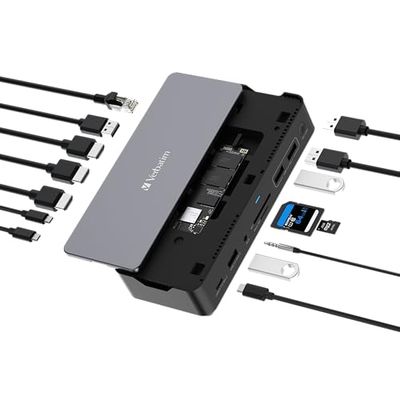 Verbatim Station d'accueil USB-C Pro, hub 15 en 1 avec SSD intégré, Adaptateur multiport vers HDMI 4K et 8K, USB-A et USB-C, PD 80 W, AUX, Lecteur de Cartes, pour Mac/Windows Laptop et Autres