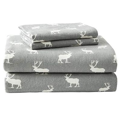 Eddie Bauer | Elk Grove Collection | 100 % Cotton Flannel Sheet, conjunto de casamento de 4 peças, pré-choque e escovado para ultra-soft e cativeiro, Queen, cinzento