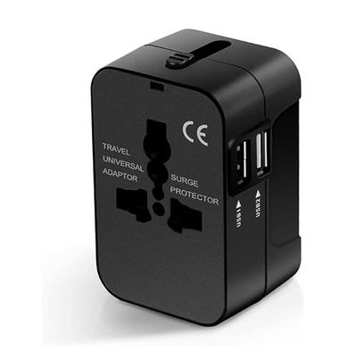 Adaptateur de Voyage Universel avec 2 Ports USB, Tension Compatible et Design Compact, idéal pour Charger des appareils dans n'importe Quel Pays.