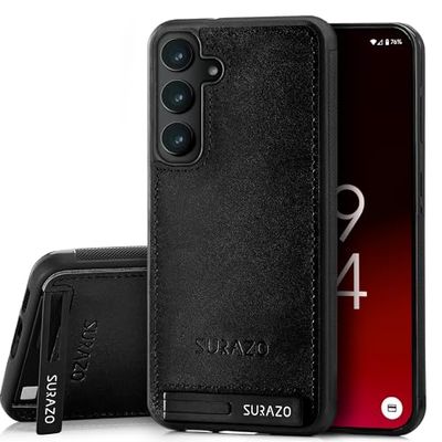 SURAZO Premium Genuine Leather Back Case for Samsung Galaxy S24 Case - Shockproof Leather Mobile Phone Case Cover with [Stand Function, Keychain] Vintage Slim Bumper Protective Case (Black)