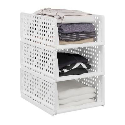 Relaxdays Bac de Rangement, Lot de 3, bacs empilables Les UNS sur Les Autres, 18 x 33,5 x 43,5 cm, Blanc