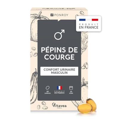 Yves Ponroy Pépins de Courge Bio - Complément Alimentaire Confort Urinaire Masculin - A base d'Huile de Pépins de Courge Bio - 50 Capsules - 25 Jours - Fabriqué en France