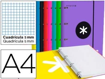 Carpeta con recambio liderpapel antartik a4 cuadro 5 mm forrada 4 anillas 25mm redondas colores surtidos