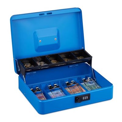 Relaxdays Caja Dinero, Combinación 3 Números, Bandeja para Monedas y 4 Espacios para Billetes, Cajita Efectivo, Azul, Acero, 8,5 x 30,5 x 24,5 cm