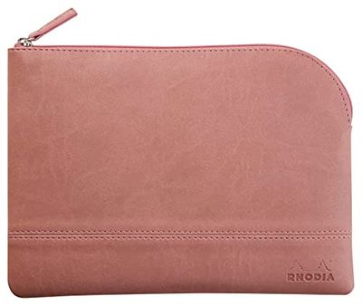 RHODIA 116629C - Faux Leather Zipped Pouch - Rosewood - Size M (16x22 cm) - Real Stitching - Orange Fabric Interior - Storage of Documents, Small Supplies
