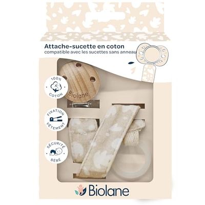 Biolane - Sujetador de chupete de algodón 100%, clip de madera y metal, tela suave con diseño de color beige, fijación segura para bebé