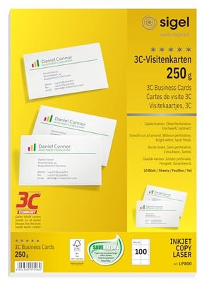 SIGEL LP800, 85x55 mm (A4), Business Cards, 3C, smooth cut all around, 250 gsm, printable, bright White, 100 Piecesequal to10 sheets