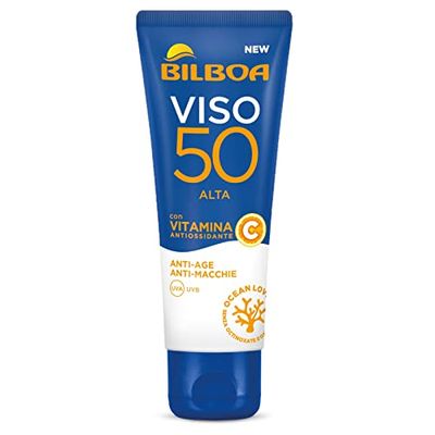 Bilboa Krem do twarzy słonecznej z wysoką ochroną SPF 50, krem z witaminą C, lekka tekstura, działanie przeciw starzeniu i plamom, krem nawilżający, bez namaszczania, ochrona przed wodą, 50 ml