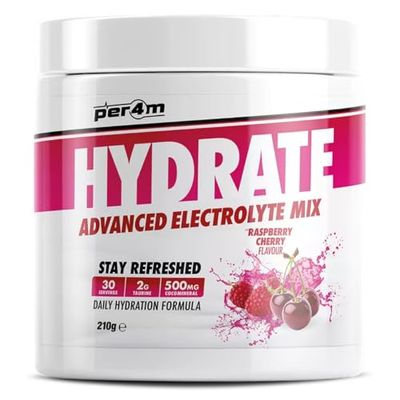 Per4m Hydration Electrolyte Mix Frambuesa Cereza 210g – Mezcla de electrolitos sabor frambuesa cereza para energía y recuperación.