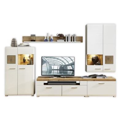 Stella Trading Fun Plus Set completo de móveis de alta qualidade com bonitas aplicações de madeira de testa e decorações em carvalho, móvel para a sua sala de estar, 320 x 205 x 47 cm