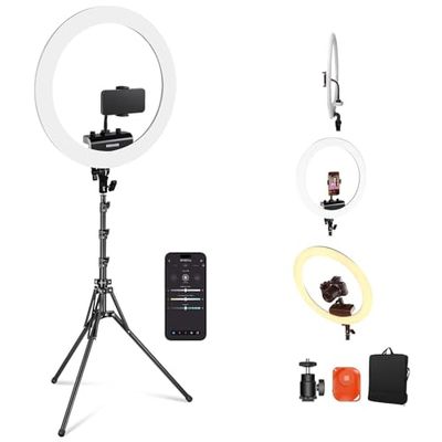 NEEWER Luce ad anello professionale con supporto e supporto per telefono, 18" sottile, 45W 2900K-7000K TLCI98, scatto remoto e controllo app, illuminazione più morbida per make up Live Stream TikTok