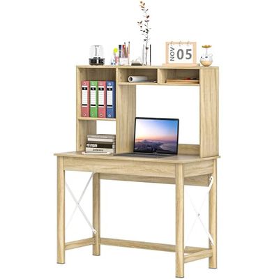 HOMCOM Bureau avec Rangement en Bois Moderne avec étagères et Grand Plateau pour Petits espaces, Chambre à Coucher, 105 x 50 x 137,5 cm, Aspect chêne