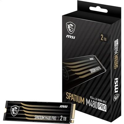 MSI SPATIUM M480 Pro PCIe 4.0 NVMe M.2 2TB - Disque SSD Interne 2 to, PCIe 4.0 NVMe M.2, Lecture 7400 MB/s & Écriture 7000 MB/s, 3D NAND, Sécurité des Données Intégrée, Garantie 5 Ans (1400 TBW)