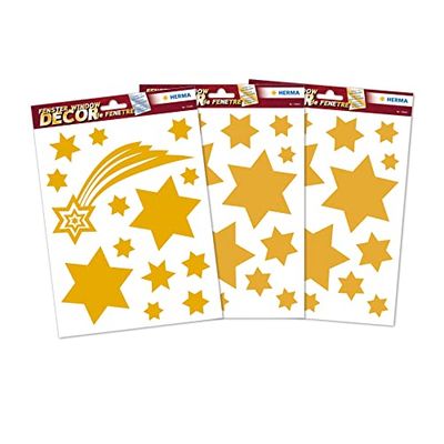 HERMA 44 Christmas Gold Star Stickers for Windows with Glitter Effect, Reusable Xmas Decorations, Large Wall Decals Window Clings for Kids and Children