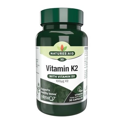 Natures Aid Vitamin K2 100mcg with Vitamin D3 – High Strength MenaQ7 Formula – Supports Bone Strength, Calcium Absorption, Muscle Function – Vegan, Gluten Free, Non-GMO – 30 Capsules