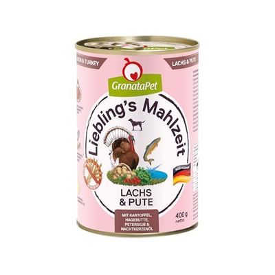 GranataPet Liebling's Mahlzeit zalm en kalkoen, natte hondenvoer, voedsel voor volwassen honden zonder granen zonder toegevoegde suikers, compleet voer 6 x 400 g