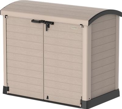 Duramax StoreAway 1200L Plastic Garden Shed/ARC Lid, Outdoor Storage Shed, Wheelie Bin Hideaways, Wheelie Bin Box, Durable Construction, Ideal for Bikes, BBQs & 2X 240L Bins, 145x85x125 cm, Taupe
