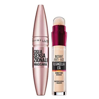 Maybelline New York Kit MakeUp Mascara Volumizzante Allungante Ciglia Sensazionali + Correttore Multi-Uso il Cancella Età 01 Light