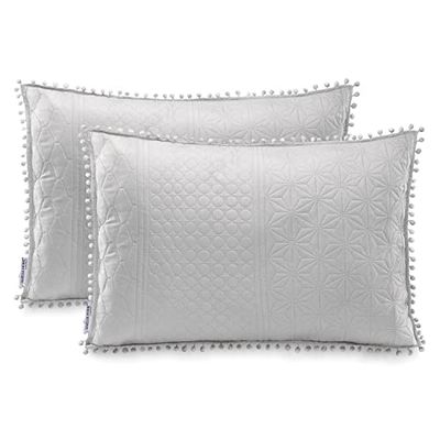 AmeliaHome 2 Fundas de Almohada con Pompones en Ambos Lados ultrasónicos, 50 x 70 cm, Meadore Silver