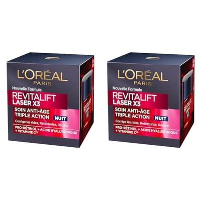 L'Oréal Paris - Crème Masque Nuit Triple Action Anti-Âge - Anti-Rides & Multi-Correction - Enrichi au Pro-Rétinol, à l'Acide Hyaluronique & à la Vitamine C - Revitalift Laser X3-50 ml (Lot de 2)