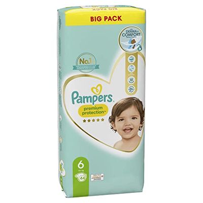 Pampers Lot de 44 couches pour bébé - Taille 6 (13 kg+) - Protection premium - Extra large - Grand confort et protection pour les peaux sensibles