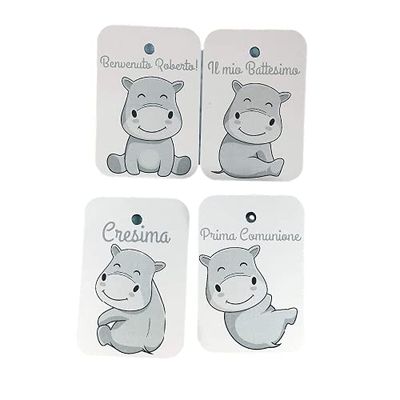 10 cartellini tag bigliettini ippopotami personalizzati con nomi disegno a scelta per bomboniere o segnaposto cerimonie battesimo nascita baby shower compleanno cresima comunione