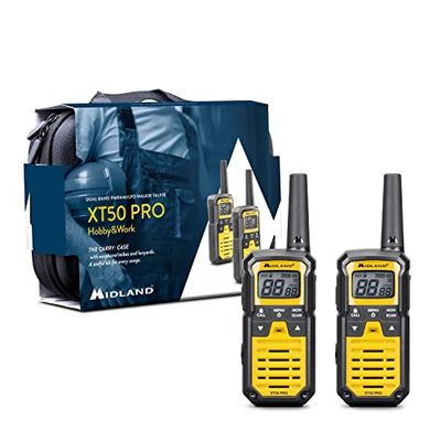 Midland XT50 PRO Doppio Hobby & Work, Versione Full Optional, Radio Walkie Talkie a Ricarica Rapida, 85 Canali PMR446 e Canale RRM, Waterproof IPX2, USB, Valigetta per Trasporto, 8Km, Giallo, 2 Unità