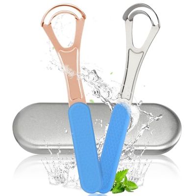 Zivacate 2 Pièces Gratte Langue en Acier Inoxydable, Métal Brosse Langue, Racle Langue à opération à une main, Tongue Scraper pour adultes et enfants Réduit la Mauvaise Haleine et L'haleine Fraîche