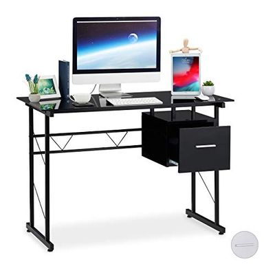 Relaxdays computertafel glas met lade, modern bureau, voor bureau of tienerkamer, HBD: 75 x 110 x 55 cm, in het zwart