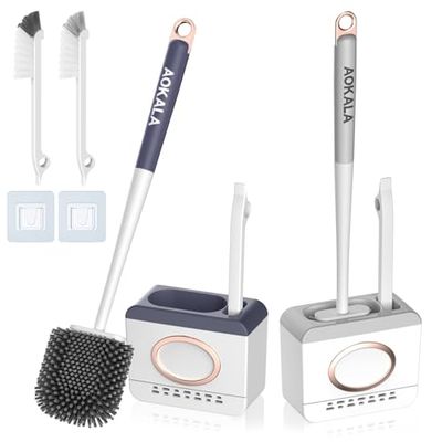 Aokala Juego de 2 cepillos de Inodoro y Soporte, Cepillo de Inodoro con Cepillo de Limpieza, Cepillo Limpiador de Inodoro de Silicona para Limpieza Profunda, Cepillo Limpiador de Inodoro, Accesorios