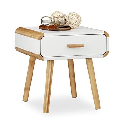 Relaxdays Mesinha de cabeceira com 1 gaveta, DM-bambu, branco, 41 x 40 x 40 cm