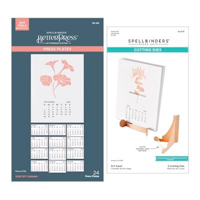 Spellbinders 2025 Calendar Press Plates and DIY Easel BetterPress Dies Bundle from The Florals Through The Year Collection, Metal, ONE