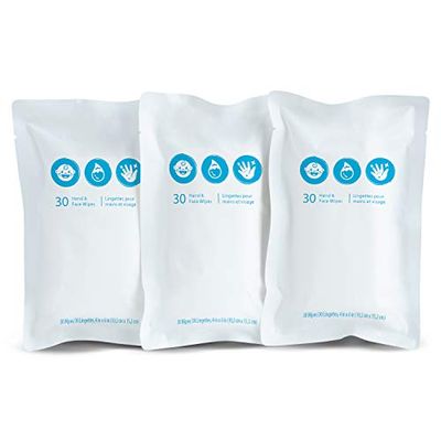 Munchkin Brica Clean-To-Go Package de Lingettes de Rechange Comprend 3 x 30 Lingettes pour Bébé sans Parfum Mains/Visage Lingettes Composées de 99% d'Eau avec Camomille/Aloès