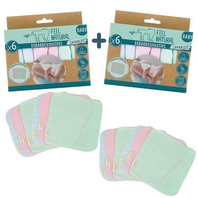 Kit de 2 juegos de 6 removedores para bebé, toalla facial, 21,5 x 21,5 cm, material ultra suave, apto para pieles sensibles, lavable y reutilizable, alternativa responsable Feel Natural