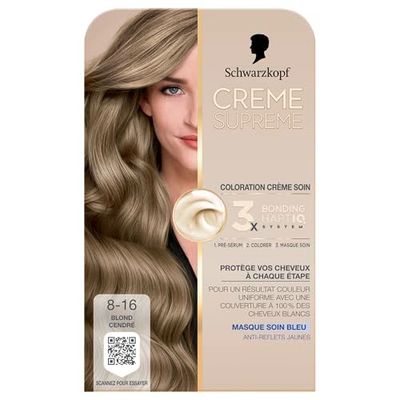 Schwarzkopf - Coloration Permanente - Creme Supreme - Resultat Couleur Uniforme - Coloration Creme Soin - Bonding - Pre-serum et Masque Soin - Couverture 100% Cheveux Blancs - 8-16 - Blond Cendre
