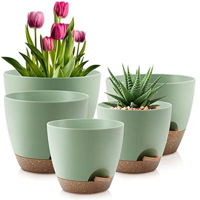 QRRICA Macetas de riego automático de 10/9/8/7.5/7 Pulgadas, Juego de 5 macetas de plástico con Agujeros de Drenaje y platillos, macetas de plástico, Maceta de plantación de vivero para Plantas de