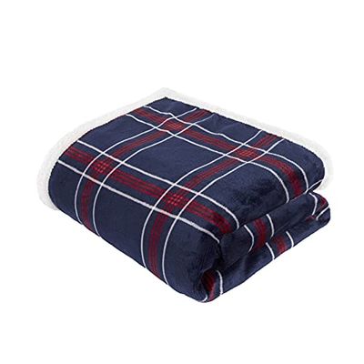 Sleepdown Lyxigt rutigt tryckt flanell fleece marinblå överkast över soffa supermjuk varm mysig sängfilt överkast med sherpa omvänd – 150 cm x 200 cm