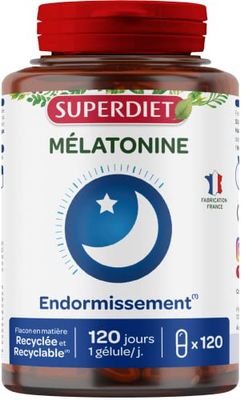 SUPERDIET – MÉLATONINE – Endormissement, Décalage horaire – Fabrication française – 120 gélules.