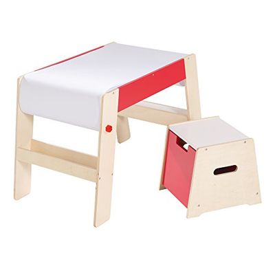 Roba Schildertafel & kruk set, kindertafel & stoel combinatie hout natuur/rood, bureau voor de kleuterschool incl. stoel met papierrol