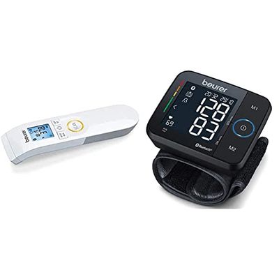Beurer FT 95 Bluetooth®, Termómetro clínico de infrarrojos sin contacto con innovadora conexión a una app & BC 54 Tensiómetro de muñeca con conexión a app, tecnología de inflado, indicador de riesgo