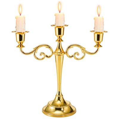YOUEON 10In Metal Candle Holder with 3 Arms Candelabra Centrepiece Gold Candelabra Candle Holder Candlestick Holder for 1 Inch Diameter Pillar Candles Antique Candle Stand for Wedding Party Home Decor