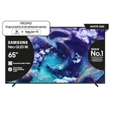 SAMSUNG Smart TV 65'' QE65QN900FTXZT Neo QLED 8K Mini LED, NQ8 AI Gen3 Processor, 8K AI Upscaling, Art Store, Dolby Atmos, Metal Frame Design, ed. speciale PACCHETTO INTRATTENIMENTO, 2025, 65"