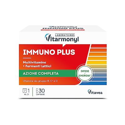 Vitarmonyl Immuno Plus, Integratore con Vitamine, Minerali e Fermenti Lattici, Supporto per Difese Immunitarie ed Energia, Multivitaminico, Vitamina B, Vitamina C e D, 30 Capsule