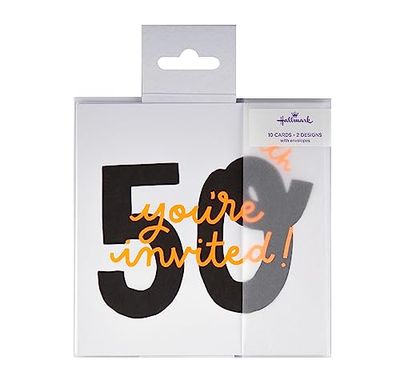 Hallmark 50th Birthday Party Invitation Cards - Pack of 10 in 2 Stylish Designs, Black, White & Orange, (25566734)